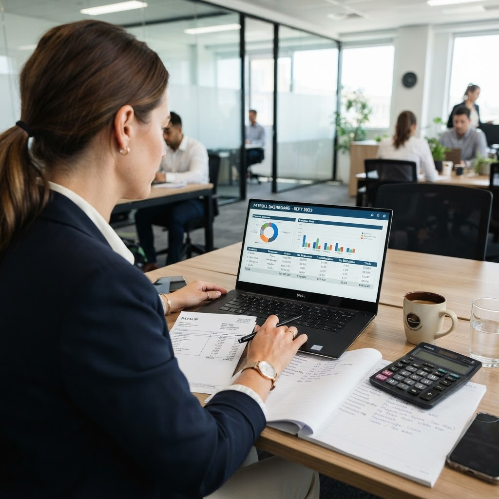 HR officer reviewing a payroll dashboard on a laptop